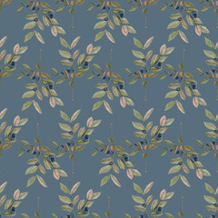 Blueberry sprig watercolor seamless pattern on grey blue