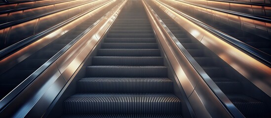 A macro photography shot of a steel escalator, with electric blue accents, parallel stairs, and symmetrical design, illuminated by sunlight filtering through - obrazy, fototapety, plakaty