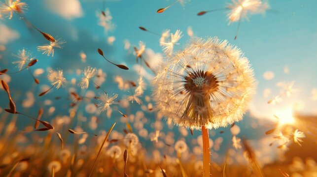 Summer breeze carries dandelion seeds: A conceptual image of growth, change, and movement.