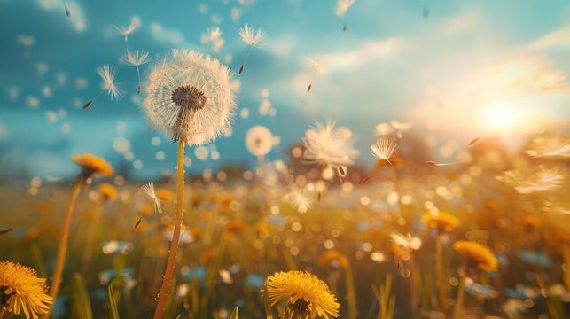 Summer breeze carries dandelion seeds: A conceptual image of growth, change, and movement.