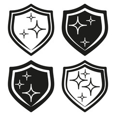 Clean shield icons set. Shiny star details. Security symbol collection. Contrast design elements. Vector illustration. EPS 10. - obrazy, fototapety, plakaty