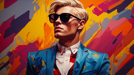 Pop art style fashion portrait of a man with slicked-back hair in a blue blazer and black sunglasses, against a colorful abstract backdrop. Fashion and modern art concept.  - obrazy, fototapety, plakaty