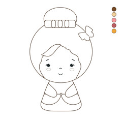 Cute princess with blush dress, high hairstyle, vector, full-face, black and white coloring book, with color swatches