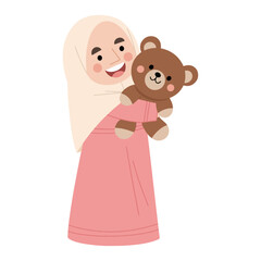 Vector illustration of hijab girl playing with dolls
