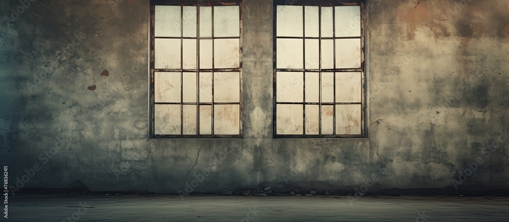 Poster a room in a concrete building with two rectangular windows framed in wood. the fixtures and flooring