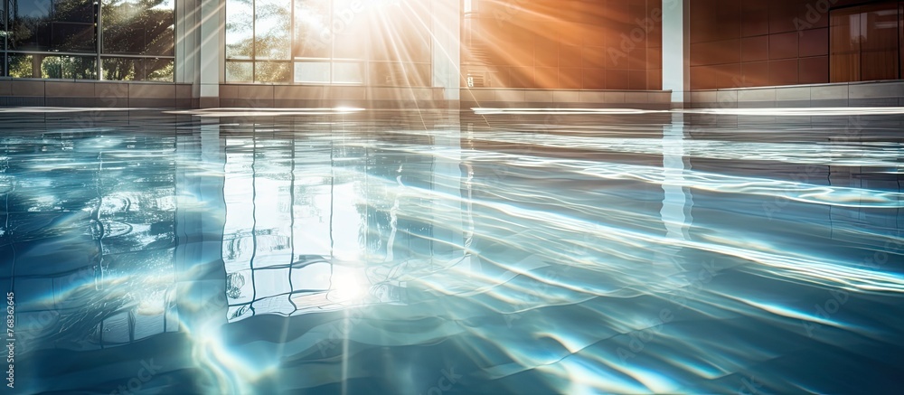 Poster sunlight shining through the windows of a building, creating a warm glow that illuminates a clear po