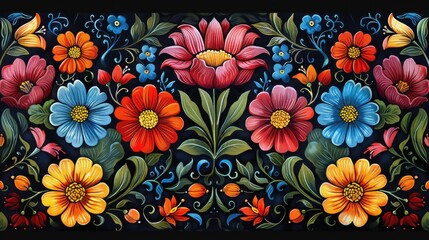 Fototapeta na wymiar Vibrant Floral Folk Art Ornament with Intricate Botanical Detailing