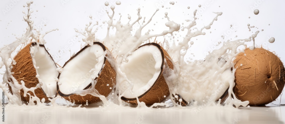 Aufkleber coconuts splashed with milk create an artistic display on a white surface, blending natural material