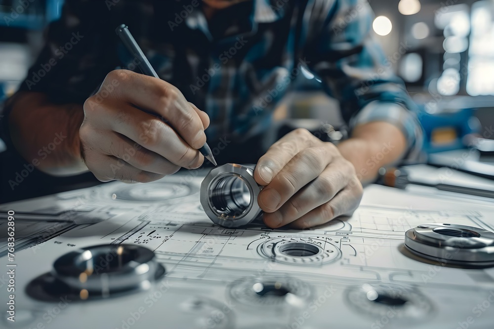 Poster engineer technician designing mechanical parts in a manufacturing setting with caliper tools for bea