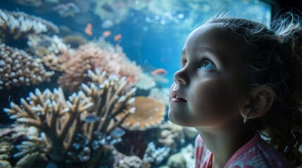 A young child looks in disbelief at a picture of a thriving coral reef now a distant memory as they learn about the devastating effects of climate change and coral bleaching - obrazy, fototapety, plakaty