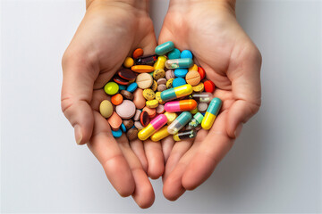 various medicines in hands in close up with point of view angle, isolated on white