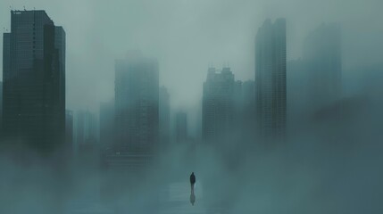 A lone figure walks through the dense fog their silhouette ly visible against the backdrop of city buildings and skysers evoking a sense of isolation and dreaminess. - obrazy, fototapety, plakaty