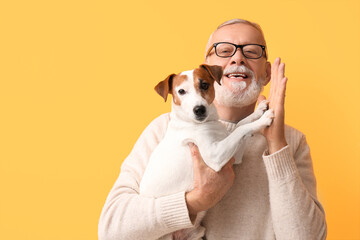 Senior man with cute dog on yellow background