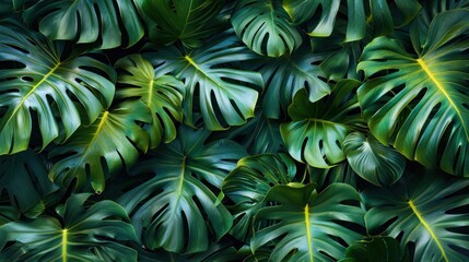 Tropical Freshness: Closeup View of Green Monstera Leaf and Palms Background for Wallpaper, Banner, and Nature Concept