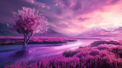 Beautiful of the Landscape with magenta nature, Illustration.