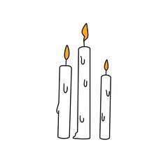 Three candles are lit and are arranged in a row. The candles are white and have a yellow flame. The candles are lit in a way that they are not touching each other, and they are not in a candle holder