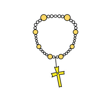 A gold and white cross necklace with a gold cross hanging from it. The necklace is a symbol of faith and devotion