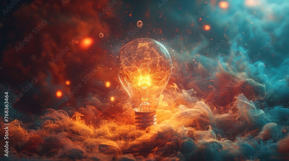 Poster a light bulb surrounded by a cloud of tiny particles representing the potential for energy and matte