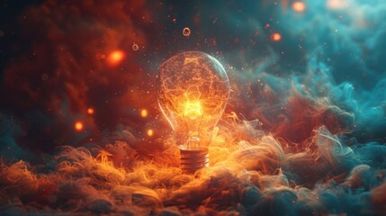 A light bulb surrounded by a cloud of tiny particles representing the potential for energy and matter to exist in multiple states at once. - obrazy, fototapety, plakaty