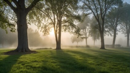A serene summer dawn breaks over a freshly mown lawn, shrouded in a light morning fog, encapsulating the essence of spring in a panoramic view Generative AI - obrazy, fototapety, plakaty