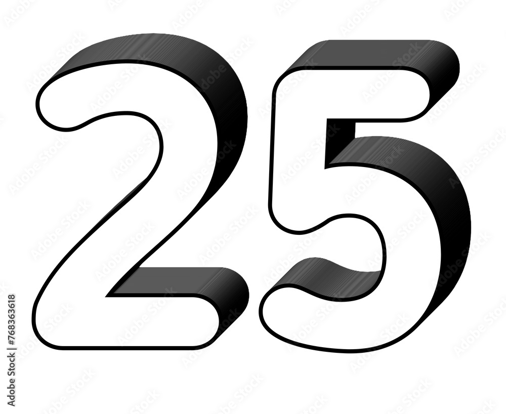 Poster number 25 twenty five in white color sign symbol 3d numbers for design elements isolated on transpar