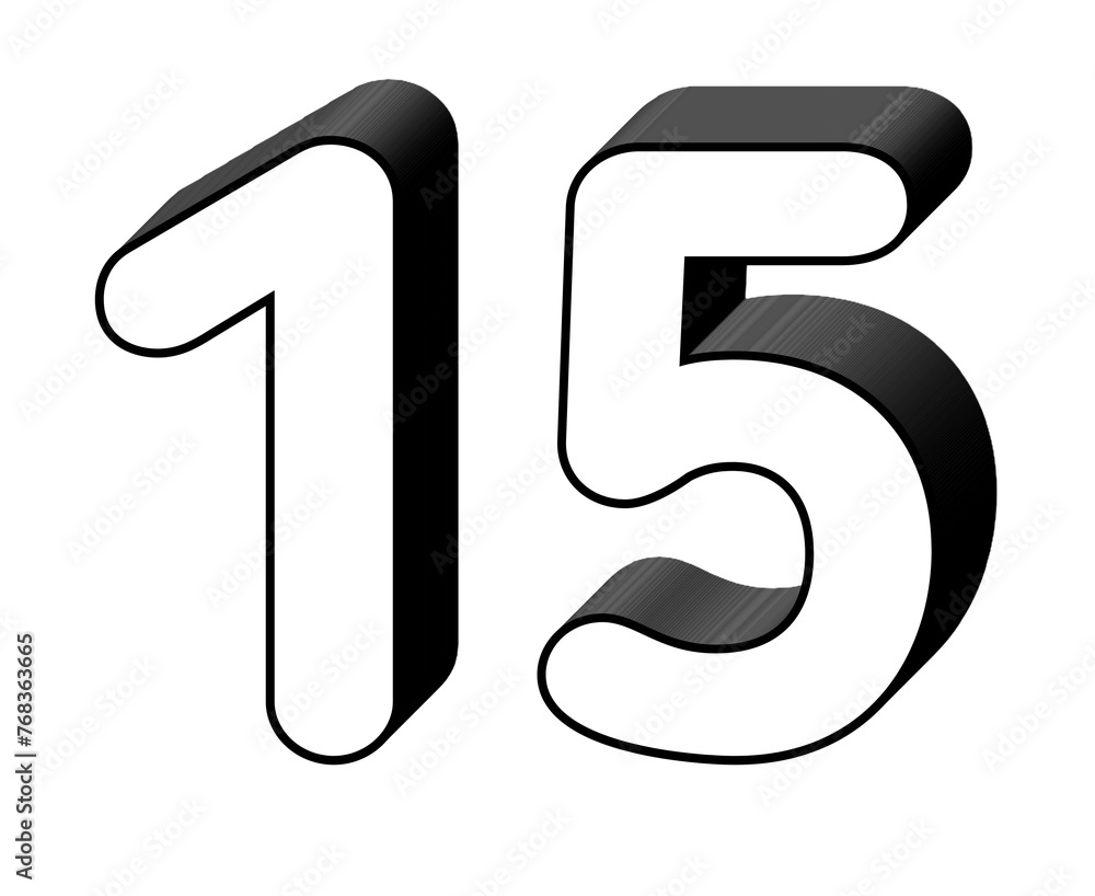 Poster number 15 fifteen in white color sign symbol 3d numbers for design elements isolated on transparent 