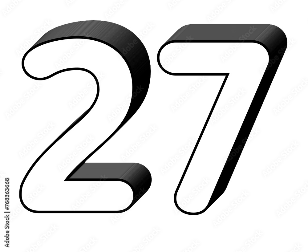 Poster numbers 27 twenty seven in white color sign symbol 3d numbers for design elements isolated on transp