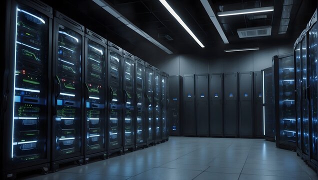 Advanced Data Technology Hub Featuring Gleaming Server Racks Under Dynamic VFX Lighting in a Dim Environment Generative AI
