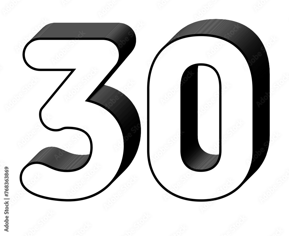 Poster number 30 in white color sign symbol 3d numbers for design elements isolated on transparent backgrou