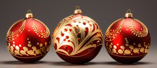Three shiny red and gold Christmas ornaments are placed neatly on a smooth gray tabletop