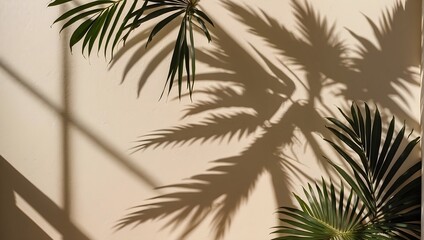 Fototapeta na wymiar The silhouette of palm leaves cast as a soft, blurred shadow upon a light cream-colored wall Generative AI