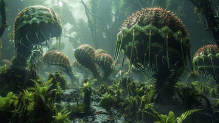 Bio art landscape showing an alien plant ecosystem thriving - obrazy, fototapety, plakaty