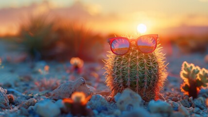 Cactus wearing sunglasses in the desert at sunset