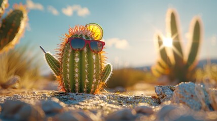 Cactus wearing sunglasses sipping a cold drink in the desert