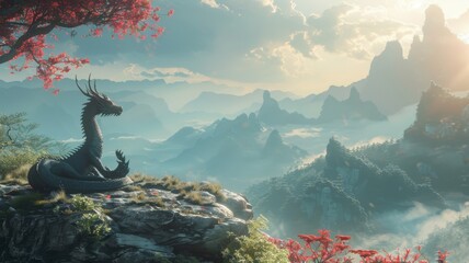 Dragon doing yoga in a serene mountain landscape