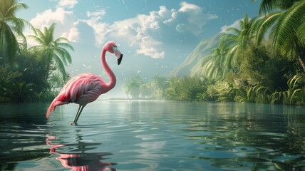 Flamingo conducting a ballet class on a tropical lake - obrazy, fototapety, plakaty