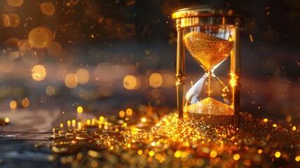 Surreal 3D scene of hourglasses with sand turning into gold, representing investment over time - obrazy, fototapety, plakaty