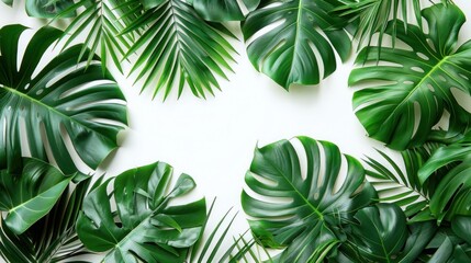 Green Monstera Palm Leaves Banner on White Flat Lay Background - Top View