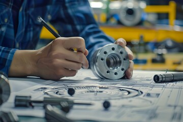 Engineer technician designing mechanical parts in a manufacturing factory using blueprints and caliper tools. Concept Mechanical Engineering, Manufacturing Design, Blueprint Drawings, Caliper Tools
