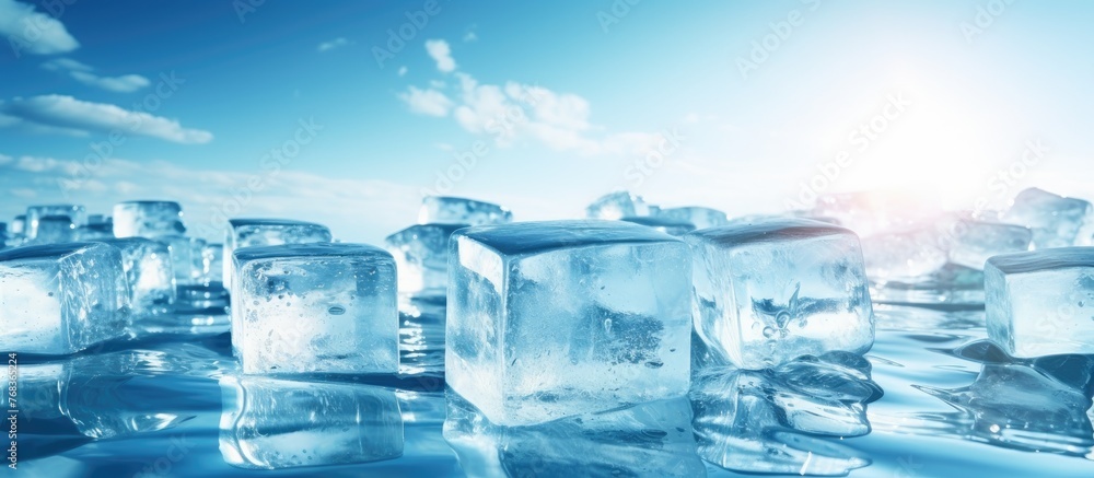 Poster several ice cubes are arranged closely together on a flat surface, creating a cooling and refreshing