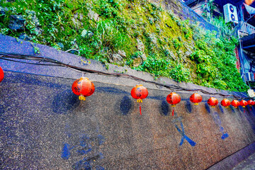 Jiufen, New Taipei, Taiwan, Republic of China, 01 22 2024: The landscape of Jiufen old street and pacific ocean  © Feng