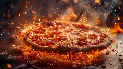 Fiery Pepperoni Pizza on Blaze - obrazy, fototapety, plakaty