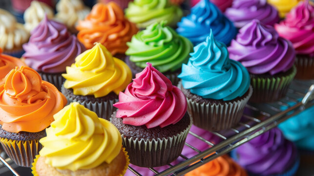 A variety of cupcakes neatly arranged on a rack, showcasing different flavors and decorations.