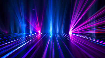 Fototapeta na wymiar A bright blue and purple light show with a dark background. The lights are arranged in a way that creates a sense of depth and movement. The scene is energetic and dynamic