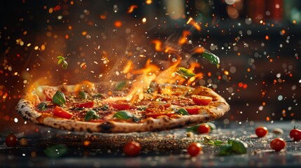 Flaming Pizza with Fresh Toppings - obrazy, fototapety, plakaty