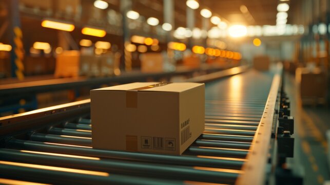 Cardboard package on conveyor belt.