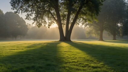 A panoramic view of a freshly mowed lawn under the early morning light, shrouded in a delicate mist, evoking the serene essence of summer Generative AI