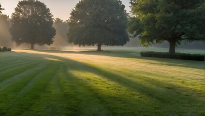 A panoramic view of a freshly mowed lawn under the early morning light, shrouded in a delicate mist, evoking the serene essence of summer Generative AI - obrazy, fototapety, plakaty