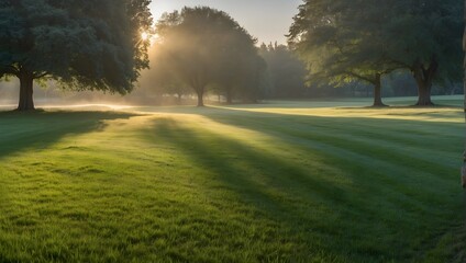 A panoramic view of a freshly mowed lawn under the early morning light, shrouded in a delicate mist, evoking the serene essence of summer Generative AI - obrazy, fototapety, plakaty
