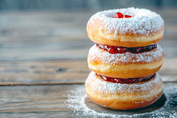 Doughnuts sufganiyot with powdered sugar and fruit jam on light old wooden background. Hanukkah sweet food illustration with free space for text. - obrazy, fototapety, plakaty